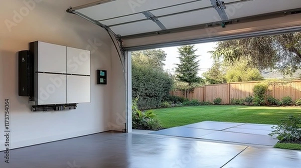 Obraz A home solar generating system mounted on the wall of a garage with a lush backyard visible through a wide-open door. 