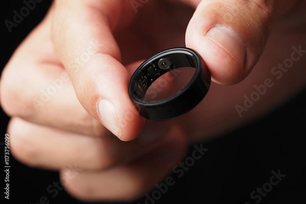 Fototapeta Smart Ring, Tracker, Step Counter, Heart Rate, Blood Oxygen Tracker, Health Ring. Close-up. 