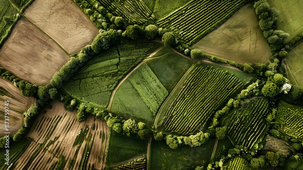 Fototapeta Aerial View of Intricate Hedgerow Patterns Creating Natural Borders in Sustainable Agricultural Landscape