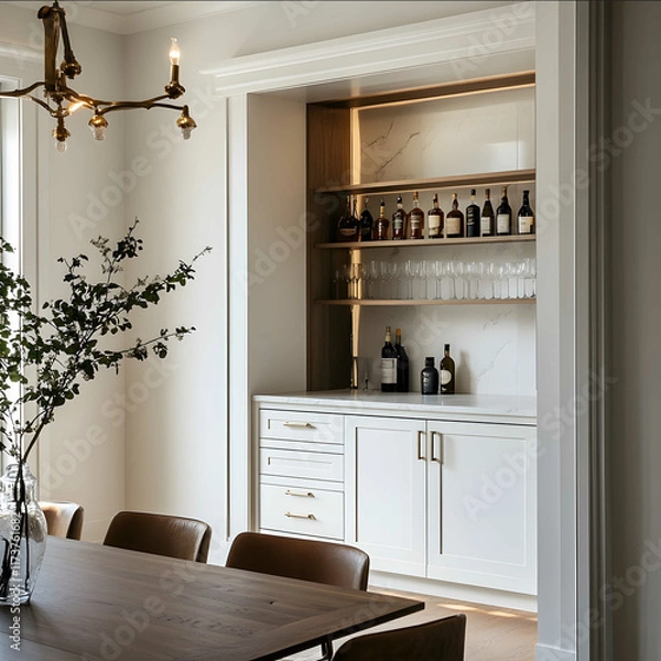 Fototapeta interior design shot built in bar station as part of kitchen and dining room white walls warm white cabinetry modern sophisticated style