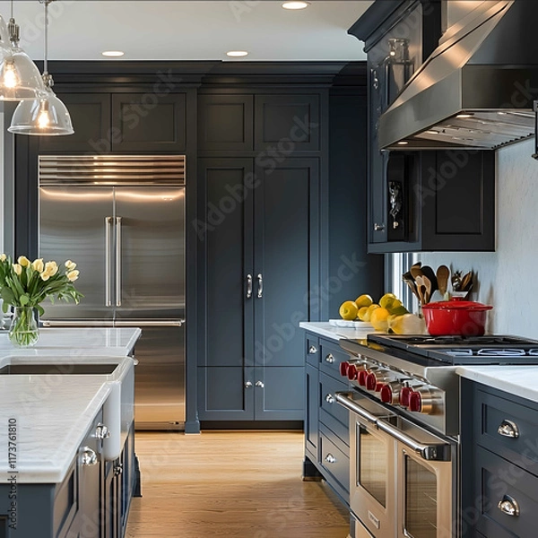 Fototapeta a classic kitchen that is updated but has wainscoating high end appliances and some color