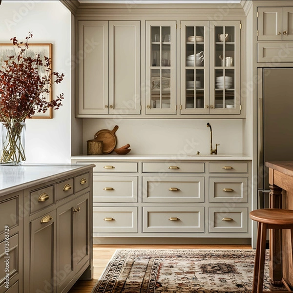 Fototapeta an interior design photo of a a warm and inviting kitchen space with a classic and timeless design The cabinetry is very much the focal point painted in a light soft e