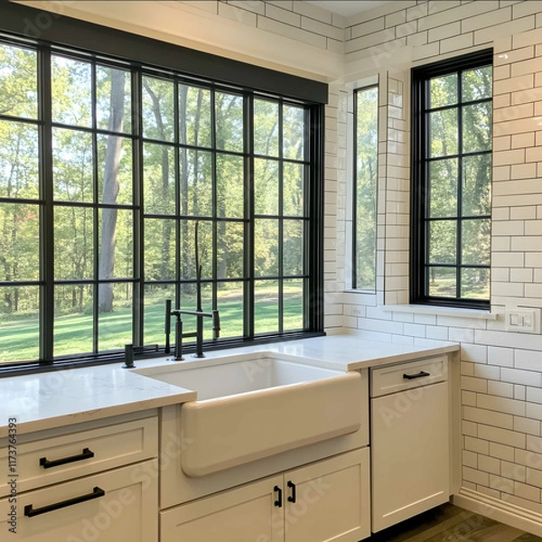 Fototapeta architectural style kitchen with large black windows and farmhouse sink