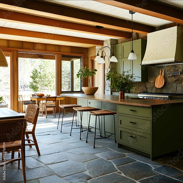 Fototapeta kitchen in a lake house property designed in California midcentury modern interior design style an aesthetic that blends sophisticated style with a relaxed welcoming a