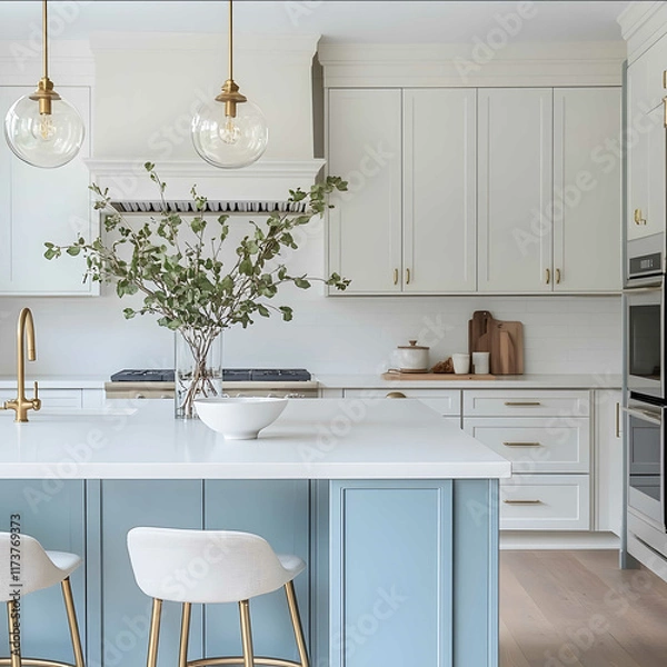 Fototapeta Design a modern French country kitchen with a warm inviting atmosphere in an Lshaped layout The kitchen features a small pastel bluecolored island complemented by styl