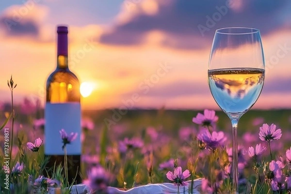 Fototapeta Sunset wine tasting in a field of wildflowers. A romantic and peaceful evening.