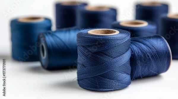 Fototapeta A collection of dark blue sewing thread spools arranged artistically.