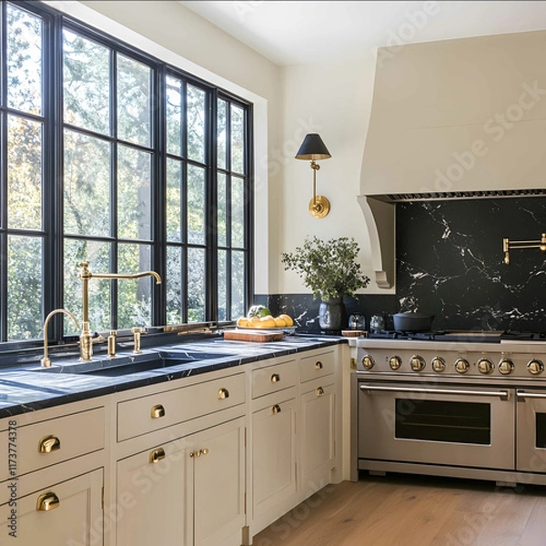 Fototapeta design an Amber Lewis inspired kitchen with oak flooring mushroom cabinets honed black stone countertops large windows pendant lights European range brass hardware wal
