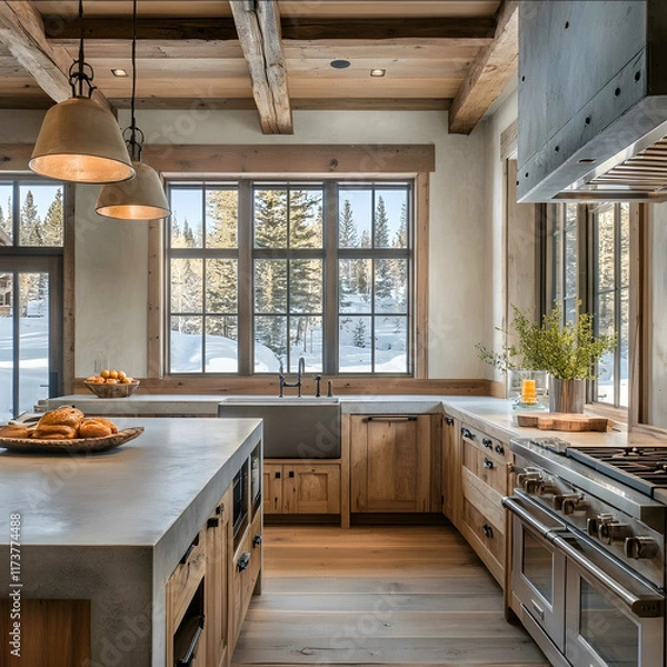 Fototapeta ushaped rustic kitchen high end cabin with center island quartersawn oak cabinets concrete countertops windows on the sink side 9 foot ceilings modern island pendants