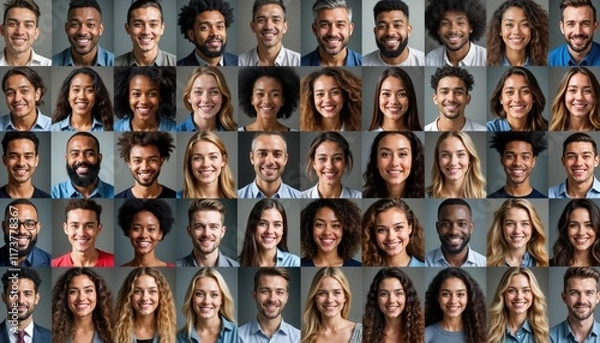Fototapeta Multiracial people smiling. Portrait collage of diverse men, women. Friendly faces look directly at camera. Happy, diverse people representing global community. Image conveys teamwork, business