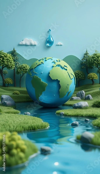 Obraz Paper art , Ecology and world water day , Saving water and world Environment day, environmental protection and save earth water, 8k unreal engine photorealism, with white tones