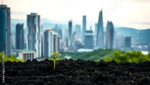 Fototapeta A Tiny Sprout Emerging Against City Skyline