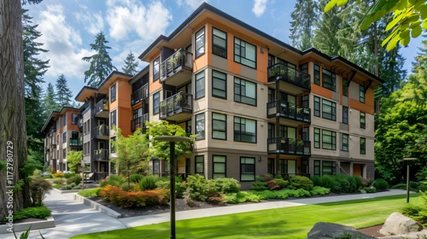 Obraz A contemporary apartment building with clean lines, surrounded by lush green landscaping and tall trees