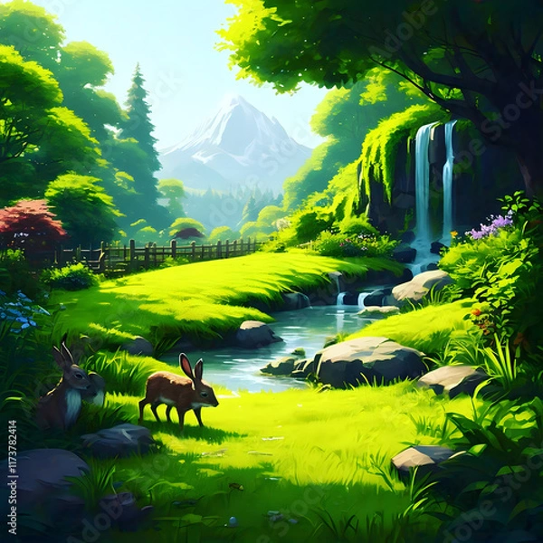 Obraz mountains with a little waterfall with different colors of flowers in the green forest illustration