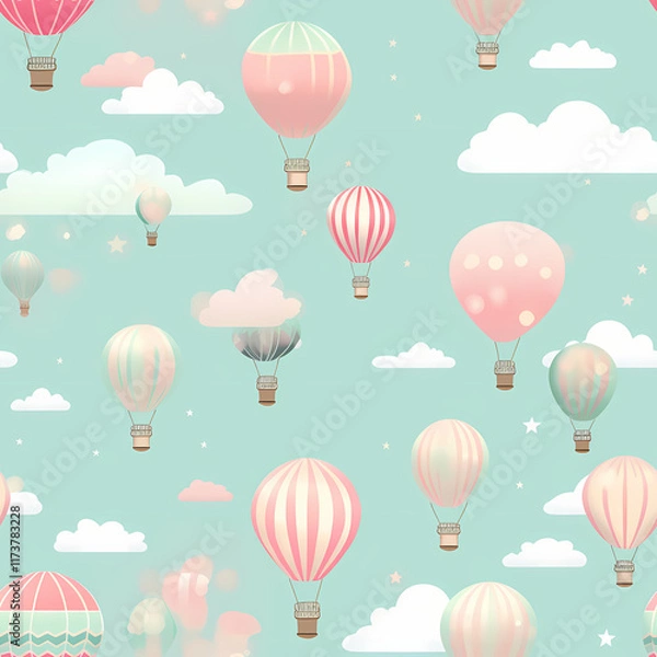 Fototapeta Colorful hot air balloons floating in a serene blue sky with fluffy clouds and whimsical patterns. Generative AI