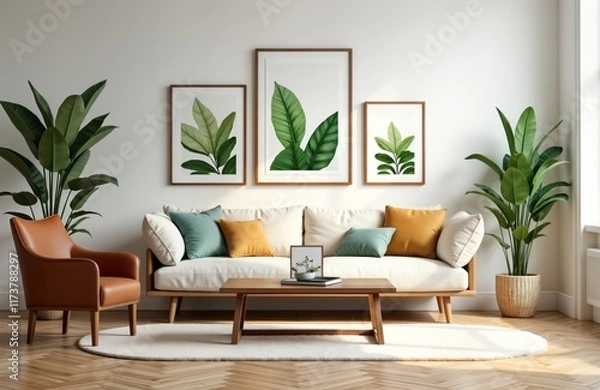 Fototapeta Modern farmhouse living room interior design features white sofa with colorful throw pillows, wooden furniture. Gallery wall with framed plant prints, lots of plants add life to space. Wooden coffee