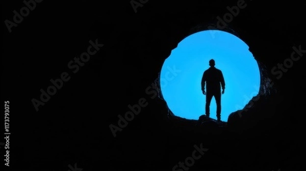 Fototapeta Silhouette of a man standing in a dark cave, illuminated by a bright blue circle.