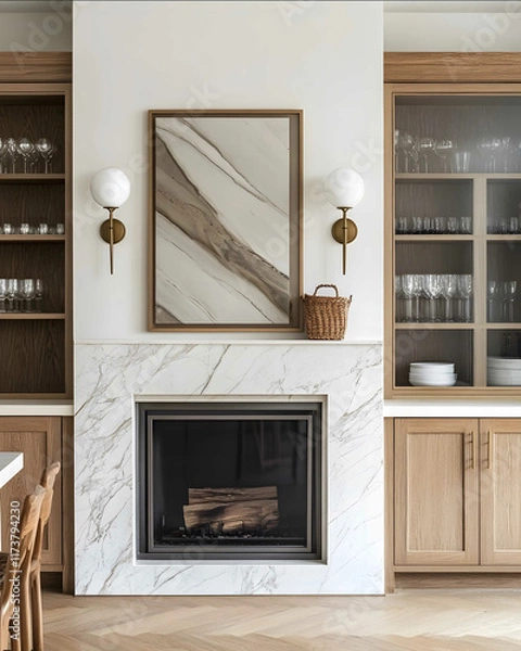Fototapeta an editorial photograph of a bright traditional fireplace made of Calacatta viola marble with expressive veins Dark biege accent wall oak cabinets with glass doors and
