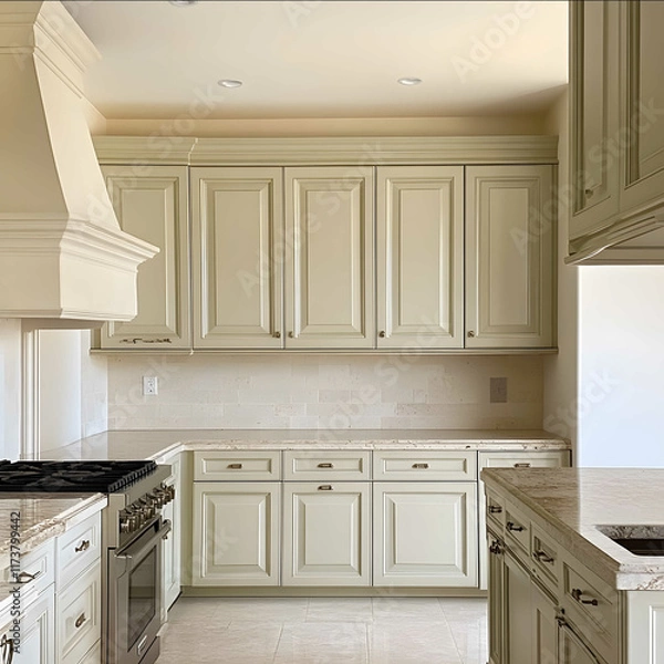 Fototapeta a view of painted kitchen cabinets the color of a extremely pale green and cream mixed paint with cream colored walls