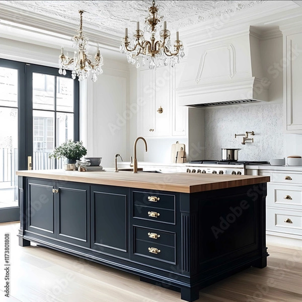 Fototapeta A kitchen island with white cabinets and a dark navy blue kitchen cabinet top complemented by a wood countertop A chandelier hangs from the ceiling and the floor is ma