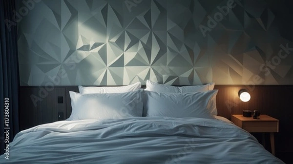 Fototapeta Modern bedroom with geometric wall, sunlight on bed.