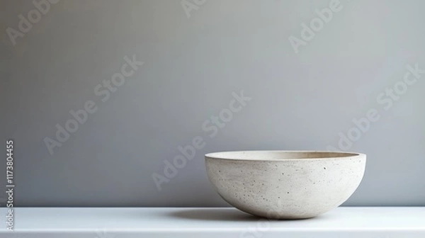 Fototapeta Simple, speckled, off-white bowl on white surface against gray background.
