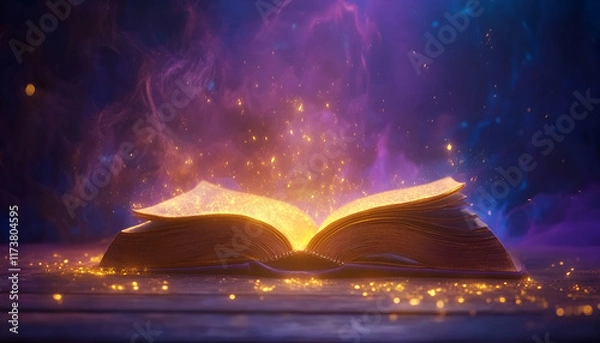 Fototapeta Magic Book With Open Antique Pages And Abstract Bokeh Lights Glowing In Dark Background - Literature And Education Concept