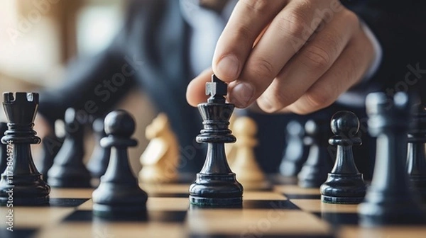 Fototapeta A focused adult male placing a chess piece on a board, showcasing strategic thinking and concentration.