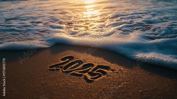 Fototapeta "2025" drawn in the sand on a beach, with gentle ocean waves in the background and a warm sunrise casting soft light over