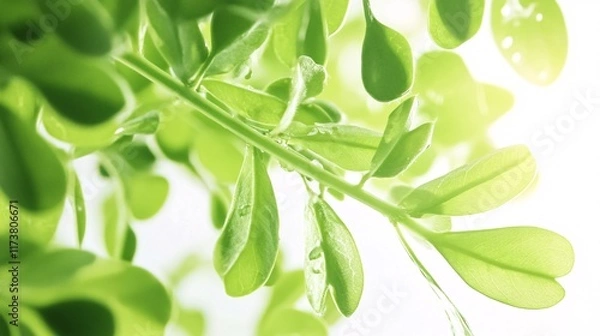 Fototapeta Close-up of vibrant green leaves showcasing fresh, dewy foliage illuminated by soft sunlight.