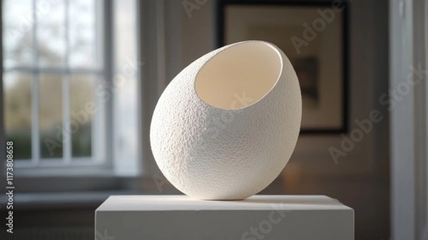 Fototapeta White ceramic sculpture, egg-shaped, textured surface, interior opening, displayed on pedestal.