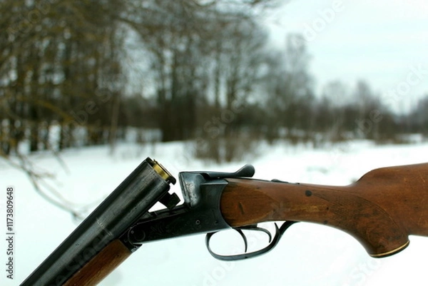 Fototapeta Old hunting rifle on the hood of a car in the winter forest