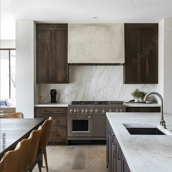 Fototapeta beautiful midsize kitchen with basic dark wood cabinets modern plaster range hood and marble counters in an open floor plan with a small dining room to the left