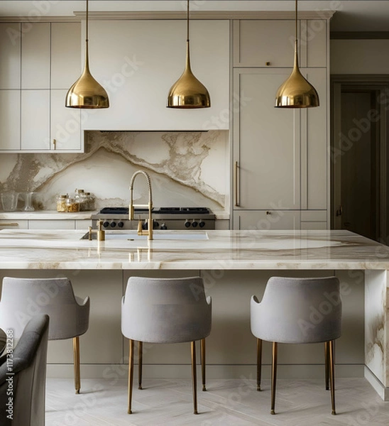 Fototapeta A luxury kitchen with a marble island barstools and brass pendant lights above the sink in a beige color with grey chairs