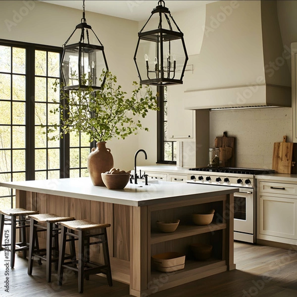 Fototapeta Photo of an organic kitchen in the transitional style It has touches of cottage accents and follows a fairly netural color palette with pops of off whites and warm gre