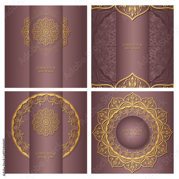 Obraz Four luxurious pinkish brown square backgrounds with a golden mandala. Postcard, invitation with ethnic ornaments.