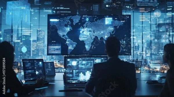 Fototapeta A group of professionals analyzing global data on digital screens in a modern office setting.