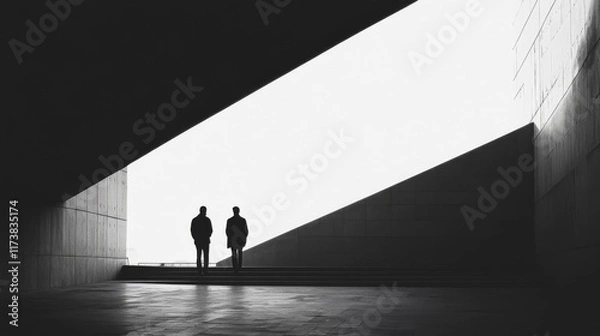 Fototapeta Two silhouetted figures stand in a modern, minimalist concrete corridor, bathed in bright light.