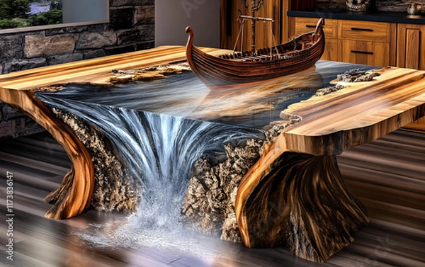 Fototapeta Artistic Wooden Table with a Miniature Ship and Realistic Water Effects, Combining Creative Craftsmanship and Imaginative Design for a Unique Furniture Concept