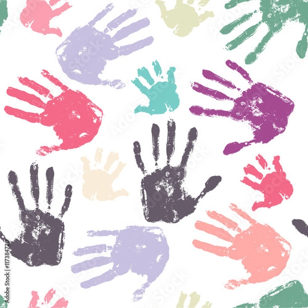 Fototapeta Family handprint seamless pattern. Colorful background with child, woman and man handprints. Vector illustration.