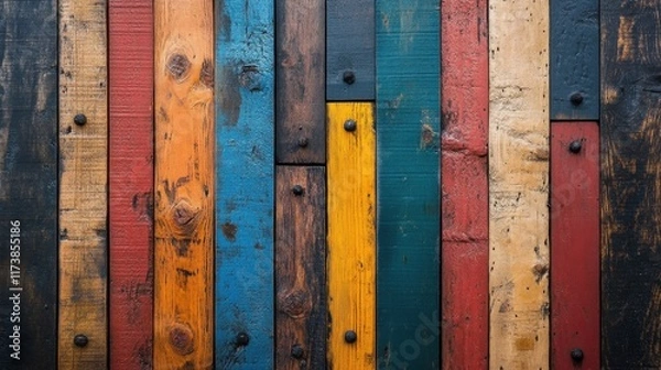 Fototapeta Vibrant wooden panels create a stunning patchwork of colors in rustic design, showcasing artistry and craftsmanship. Generative AI