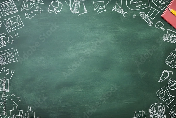 Fototapeta Green school teacher’s chalkboard background with doodle and blank copyspace for childhood imagination and education success concept