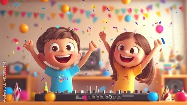 Fototapeta Celebrate friendship with joyful kids at a vibrant music party filled with confetti and colorful decorations for fun. Generative AI
