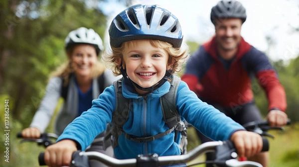 Obraz Happy child enjoying a bike ride in the park with family on a sunny day. Generative AI
