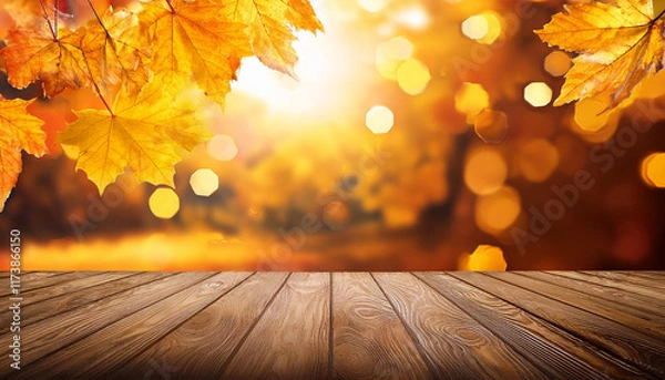 Obraz autumn natural bokeh heritage with yellow leaves and golden sun lighting fall nature landscape