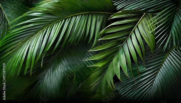 Fototapeta palm tree leaves overlay texture border of fresh inexperienced tropical plant life remoted on  background