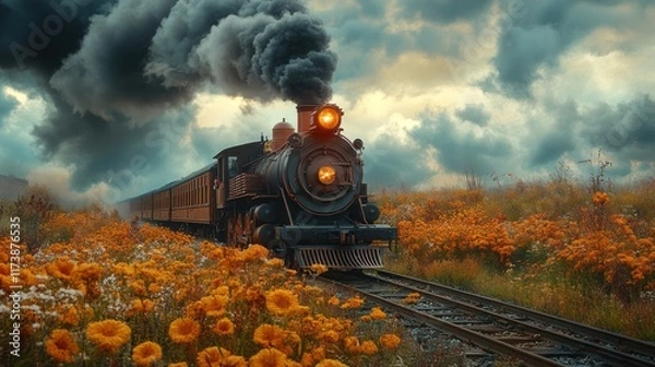 Fototapeta Steam train travels through autumnal field of flowers under dramatic sky.