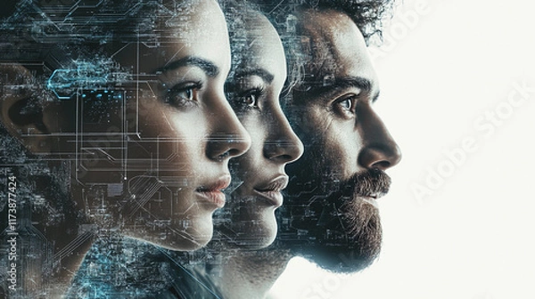 Obraz Profiles of three individuals with digital overlay of technology elements. Generative AI