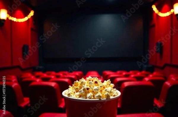 Fototapeta Empty Movie theater in cinema. Close-up of bucket of Popcorn against the background of a Cinema Hall with red seats and a big black screen. copy space