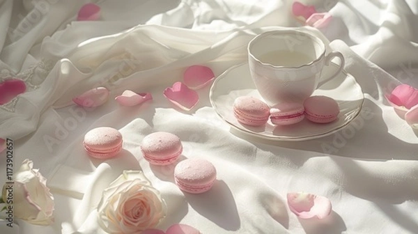 Fototapeta This tranquil flat lay captures a lovely Valentines Day theme with pink macarons, a porcelain cup, and scattered rose petals on a white fabric background